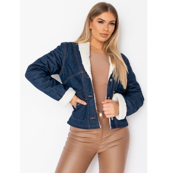 Blue Denim Jeans Long Sleeve Teddy Bear Fur Lined Biker Jacket - Picture 4 of 13